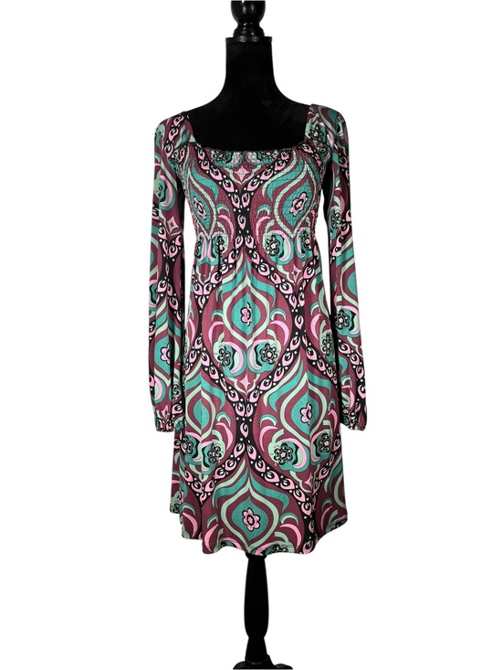 Bisou Bisou Dresses & Skirts - Bisou Bisou Y2K Dress Boho Paisley Smocked Retro Mod Jersey Teal Pink Stretchy